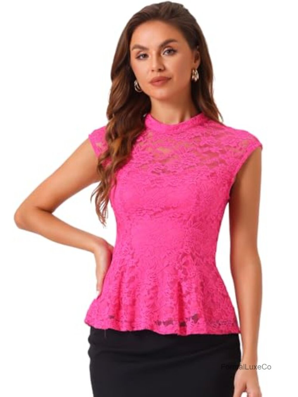 Peplum Lace Blouse Mock Neck Cap Sleeve Crochet Floral Top